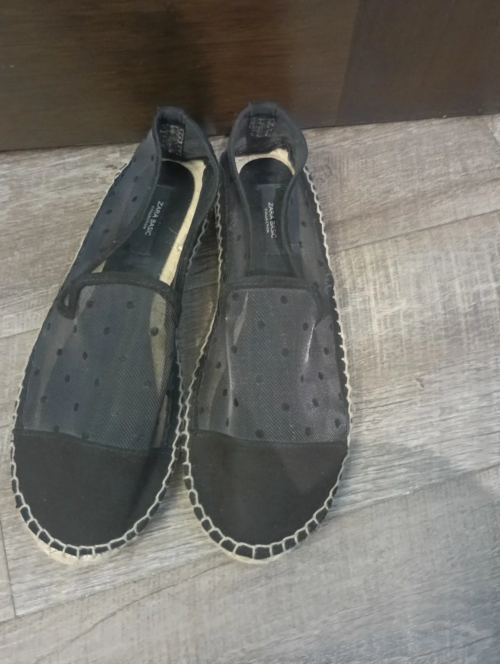 Zara Basic Black Polka Dot Mesh Espadrilles - Plumetis Slip-Ons Size 38